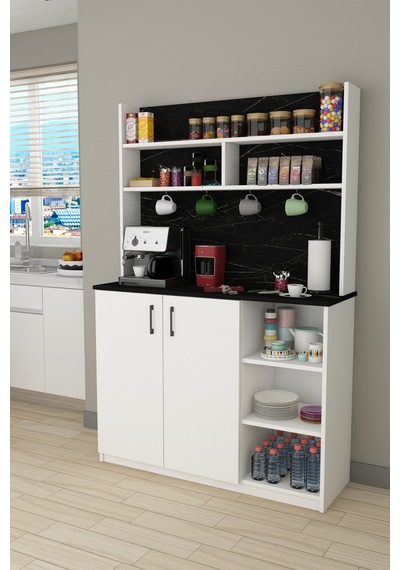Asra Trend Kahve Köşesi KAHVE02 %100 MDF Çok Amaçlı Mutfak Dolabı Beyaz - Royal Mermer