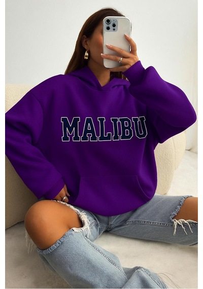 Malibu Baskılı Ünisex Kapüşonlu Sweat Mor