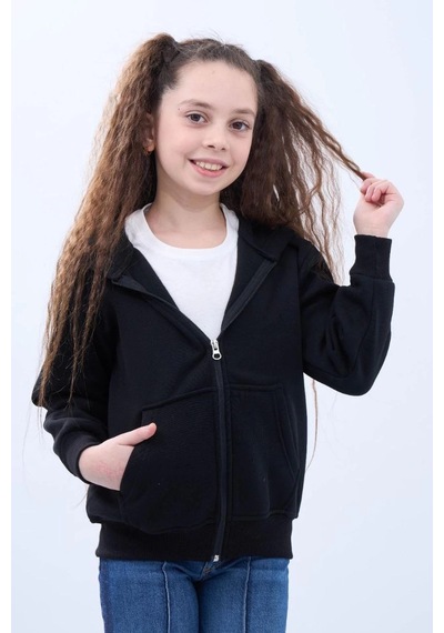 Kız Çocuk Kapüşonlu Kanguru Cepli Tam Fermuarlı Hırka Sweatshirt - Siyah Çok Renkli