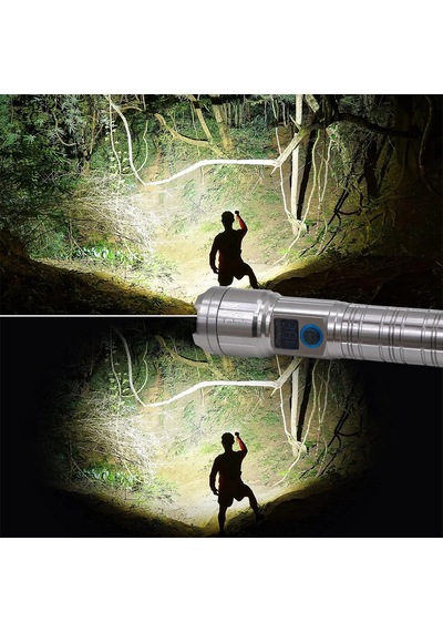 M06 Metal Kasa Uzun Menzil Profesyonel Led Fener 1800 Lümen 5000 Mah Zoom 4 Mod Dijital Ekranlı Usb Şarjlı Fener Powerbank Açık Gri
