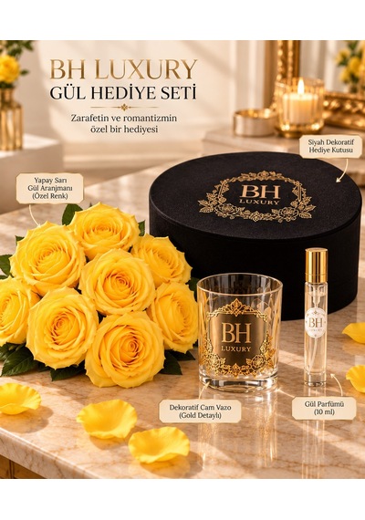 Bh Luxury Sarı Yapay Gül Ve Gül Parfümü Hediye Seti Siyah Dekoratif Kutulu