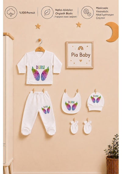 Pia Baby Kişiye Özel %100 Pamuk Kız Bebek Zıbın Seti 5 Parça Patikli Pantolon Şapka Önlük Eldiven 2051z0x Krem