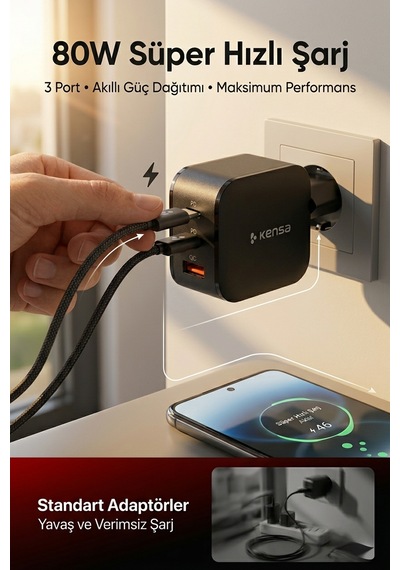 80w Çift Portlu Usb-c Girişli Akıllı Hızlı Şarj Adaptör Kablo Seti - Pd Ve Qc Destekli