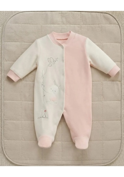 Genel Markalar Unisex Bebek Pudra Tırmanan Tavşan Detaylı Kadife Patikli Tulum