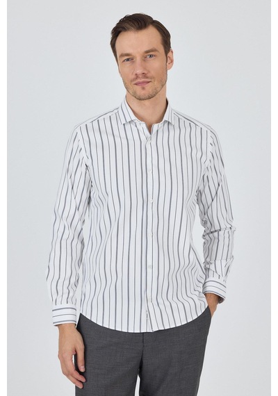 İmza Beyaz-mavi Uzun Kol Çizgili Desen Bez Ayağı İtalyan Yaka Cepsiz Esnek Classic Slim Fit Gömlek 1004250203 Optik Beyaz İmza Beyaz-mavi Uzun Kol Çizgili Desen Bez Ayağı İtalyan Yaka Cepsiz Esnek Classic Slim Fit Gömlek 1004250203 Optik Beyaz