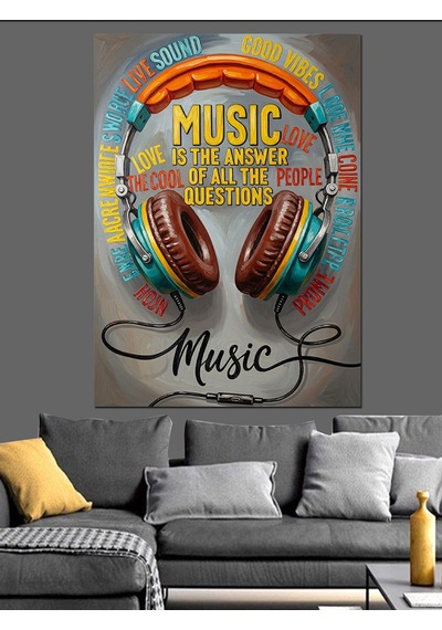 Ahşap Tablo Müzik Kulaklık Ses Dalgaları
