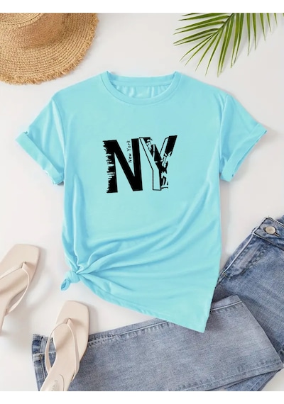 Uyguntarz Unisex Newyork Baskılı Oversize Tshirt Bebe Mavisi