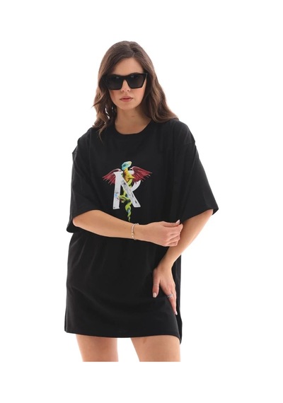 Kadın Baskılı T-shirt Kısa Kol Bisiklet Yaka Regular Fit Rahat Kalıp Günlük Tişört -siyah Siyah