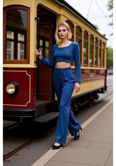 Benerly Kadın Alt Üst Koyu Yumoş Örme Crop Ve Geniş Paça Pantolon Takım F Indigo