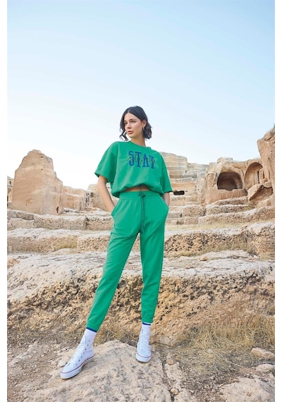 Monamise Kadın Kısa Kollu "stay Strong" Crop Eşofman Takımı 23086 Yeşil