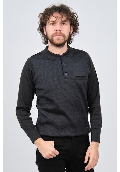 Çizgi Triko Erkek Cep Detaylı Polo Yaka Desenli Kazak 42544230 M. Lacivert
