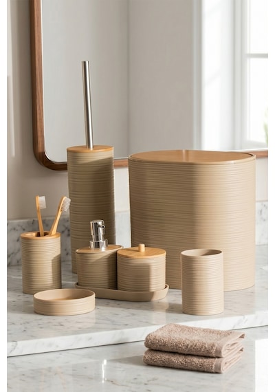 Porsima 4533 8 Parça Banyo Seti - Bambu Kapaklı Çöp Kovası, Sabunluk, Diş Fırçalığı Ve Wc Fırçası Kapicino Açık Kahverengi