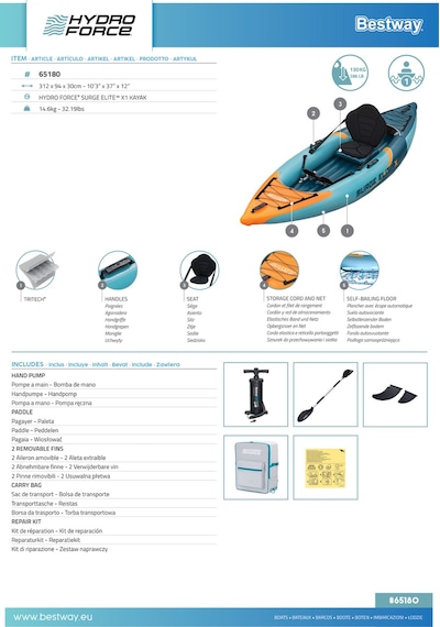 Hydro-force 65180 Surge Elite X1 Tek Kişilik Kano Seti 3.12m X 94cm X 30cm