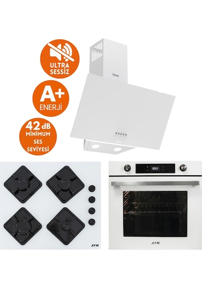 Afm Tech & Ferre Alfa D087-SA + FM7701 + FM-BD2201  Sessiz Silentart Turbo Beyaz Dijital Ankastre Set
