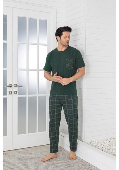 Sude Homewear Erkek Ekoseli Cepli Kısa Kollu Pijama Takımı Haki