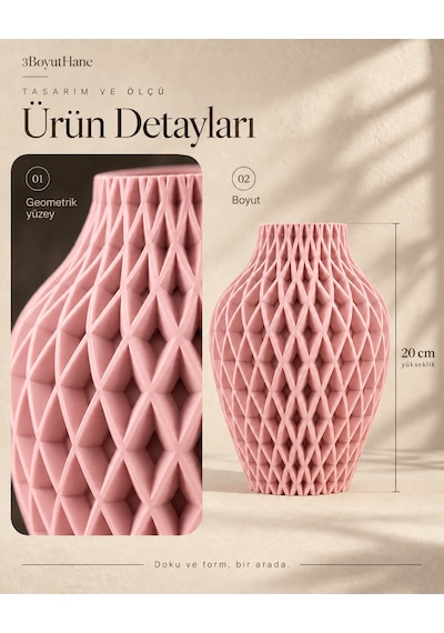 Baklava Desenli Dekoratif Vazo 20 Cm Kuru Çiçeklik Pembe
