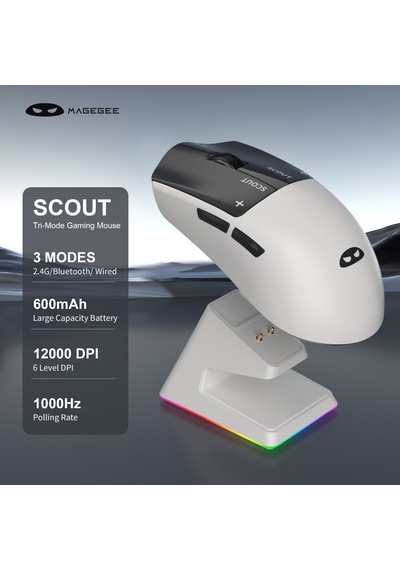 Magegee Scout & Rgb Dock Station 12.000dpı Paw3311 Triple Mode Kablolu/bluetooth/2.4g Beyaz Gaming Mouse -