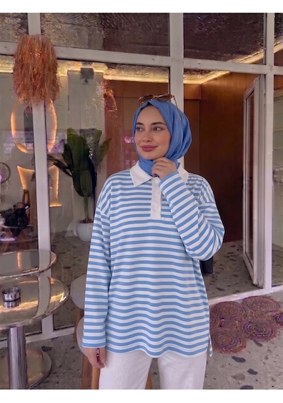 Trend Paris Kadın Polo Yaka Çizgili Uzun Kollu Yan Yırtmaçlı Rahat Kesim Tunik Mavi 44