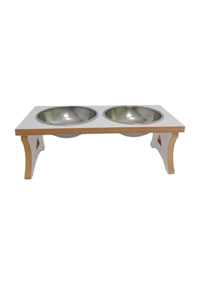 Realwood Köpek Su ve Mama Kabı Standı Küçük Orta Irk Beyaz Mdf Çelik Kase 2 x 400 ML