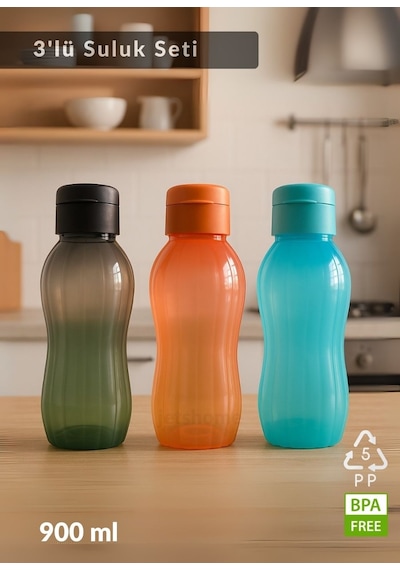 3'lü Suluk Bpa Free Ofis-spor-okul Matarası Pp-5 Siyah-turuncu-mavi 900 Ml Siyah - Mavi