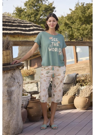 Monamise Kadın Desenli Ve Baskılı "see The World" Kapri Takımı 24115-yeşil Yeşil