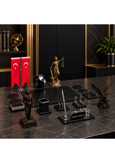 16 Parça Kristal Masaüstü İsimlik Ve Ofis Seti Atatürk, Kartal, Adalet Heykeli Ve Türk Bayraklı Siyah - Gold