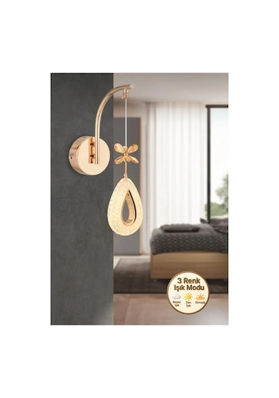 LumiaLighting Damla Model Tekli Gold 3 Renk Modu Kristal Taşlı Salon Mutfak Yatak Çocuk Odası Aplik Altın