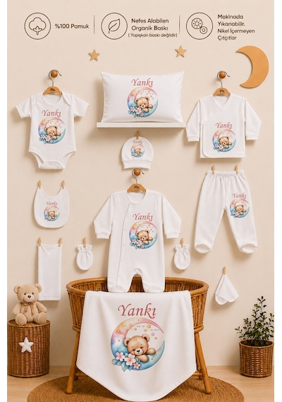 Pia Baby Kız Bebek Yeni Doğan Hastane Çıkışı 11 Parça İsimli %100 Pamuk Organik Baskılı Set 111011yx Ekru