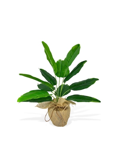 Yapay Çiçek Keten Hasır Saksıda Yeşil Muz Yapraklı 12dal 50cm Salon Çiçeği Yapay Bitki