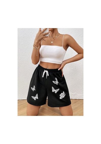 Tarzsokak Butterfly Print Drawstring Waist Şort Siyah