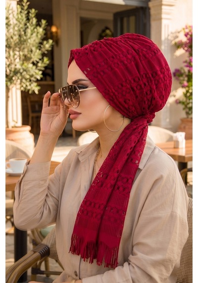 Aişe Tesettür Bordo Dantel Tokalı Bone