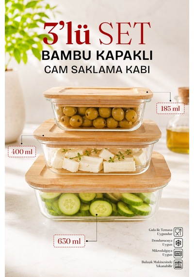 3'lü Bambu Kapaklı Cam Saklama Kabı Seti - Hava Almaz Vakumlu Borcam Yemek Kase Seti Difriz Uyumlu