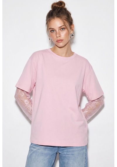 Shade Kadın Bisiklet Yaka Dantel Kollu Oversize Pamuklu T-shirt 1049 60286075 - Pembe