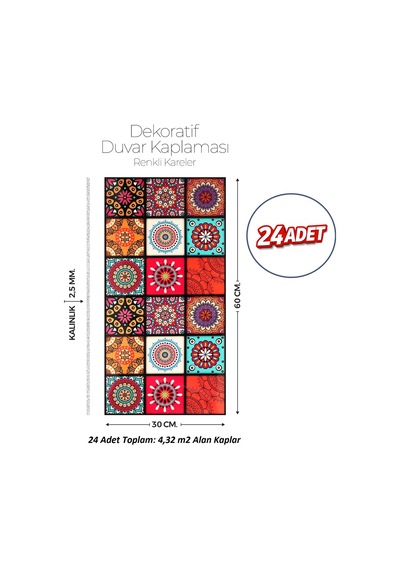 30x60 Cm Kendinden Yapışkanlı Duvar,banyo,tezgah Arası Kaplama Çok Renkli-24 Adet 9-2-30-24