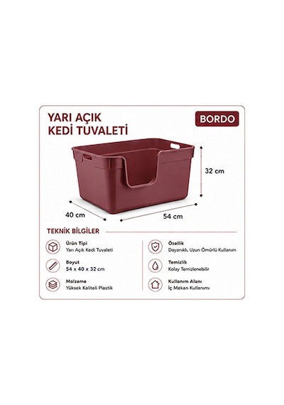 Pribor Yüksek Kenarlı Yarı Açık Kedi Tuvaleti, Geniş Ve Kolay Temizlenebilir 54 X 40 X 32 Cm Bordo