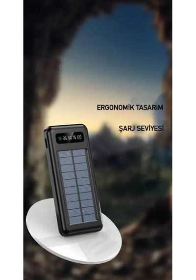 Powerbank10000 Mah Güneş Enerjili Göstergeli Powerbank Solar Fenerli Güneş Enerjili Type C - Lightning - Micro Usb - Usb Kablolu Senalstore Siyah