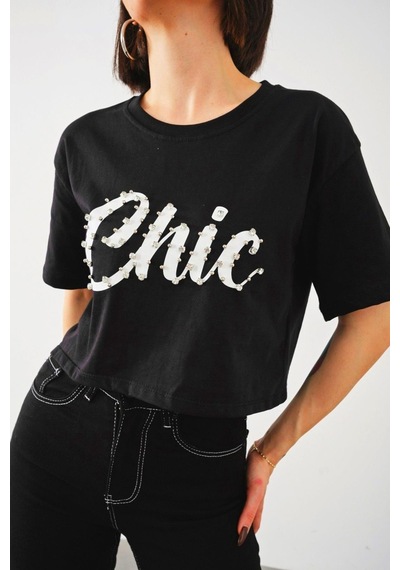 Taş İşlemeli Chic Baskı T-shirt-siyah Siyah