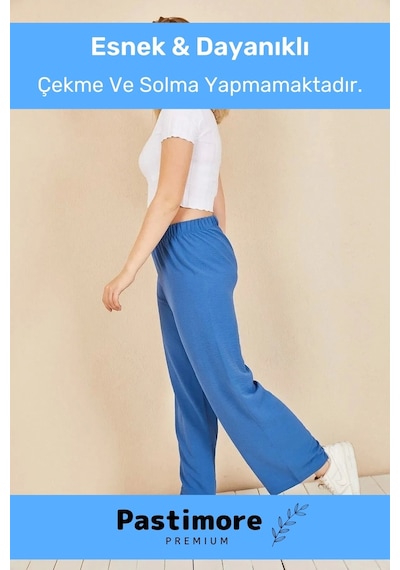 Terletmez Rahat Kalıp Beli Lastikli Bol Paça Salaş Yazlık Kadın Mavi Aerobin Pantolon Mavi