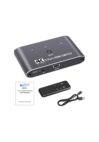 Gplus 4K321M 3 Port HDMI 2.0 4K 60Hz HDR HDCP 2.2 EDID CEC Metal Switch