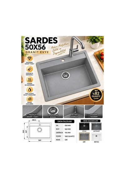 Granit Evye Sardes Series Siyah Renk En:50 Mm Boy :61 Mm Derinlik :195 Mm