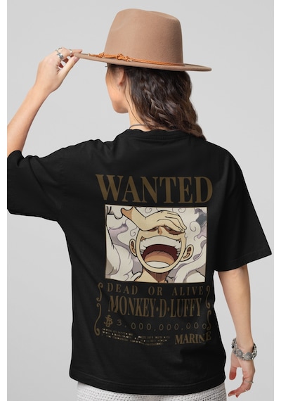 Wanted Monkey D. Luffy Sırt Baskılı Unisex Oversize One Piece Ani Siyah