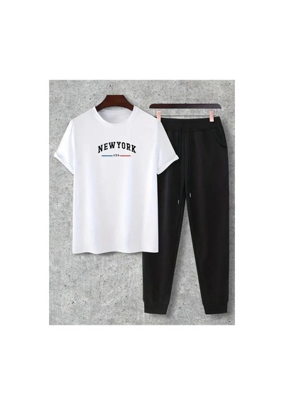 Medinenur Newyork Baskılı T-shirt Eşofman Altı Jogger Rahat Kalıp Siyah Eşofman Takım Beyaz