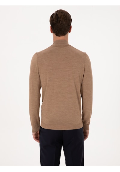 Cacharel Camel Slim Fit Yün Karışımlı Yarım Balıkçı Basic Triko Kazak Kahverengi
