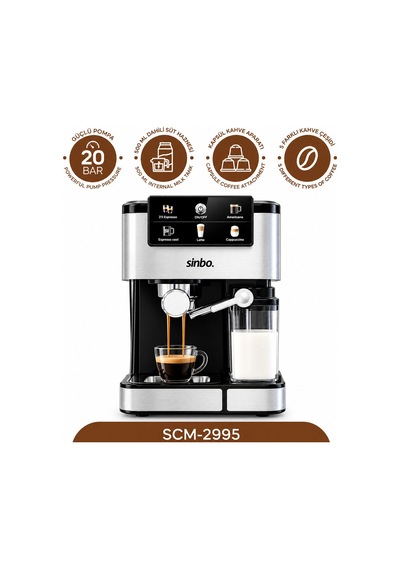 Siyah - Krom Espresso Kahve Makinesi 6 Farklı Kahve 1.5lt Su Hazne - 500ml Süt Hazne 1350w Scm-2995 Bx40 0.5mm Kenar Kalınlığı