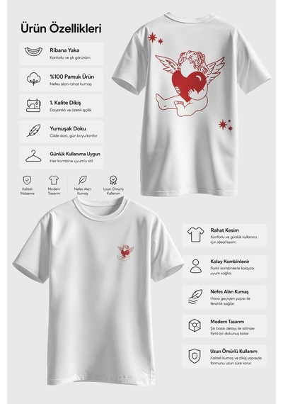Spoyi Angel Heart Tasarımlı %100 Pamuk Yarım Oversize Beyaz T-shirt