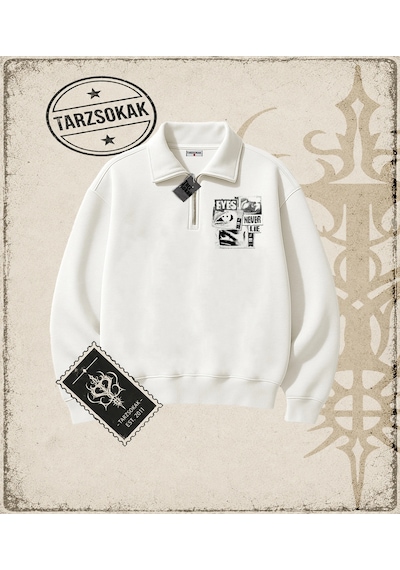 Tarzsokak Gotik & Grunge Streetwear Eyes Never Lıe Yarım Fermuarlı Sweatshirt Beyaz