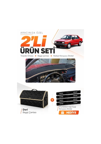 Volkswagen Jetta 1991-1997 Uyumlu Torpido Örtüsü + Deri Bagaj Çantası + Sticker Seti - Siyah Bej