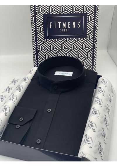 Hakim Yaka Slim Fit Keten Hediye Kutulu Erkek Gömlek Fs-003042 - Siyah-2193