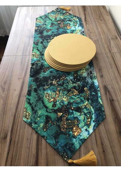 Yeşil Gold Malakit Desenli Runner & Supla Sarı