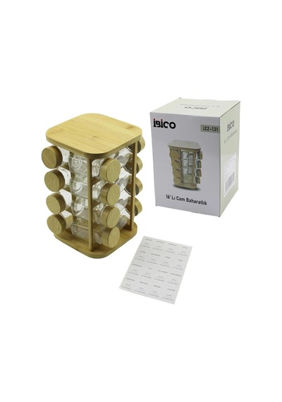 Ers 16pcs Kare - Döner Standlı Cam - Bambu Kapak Tuzluk - Baharatlık Bambu Stand Çok Renkli